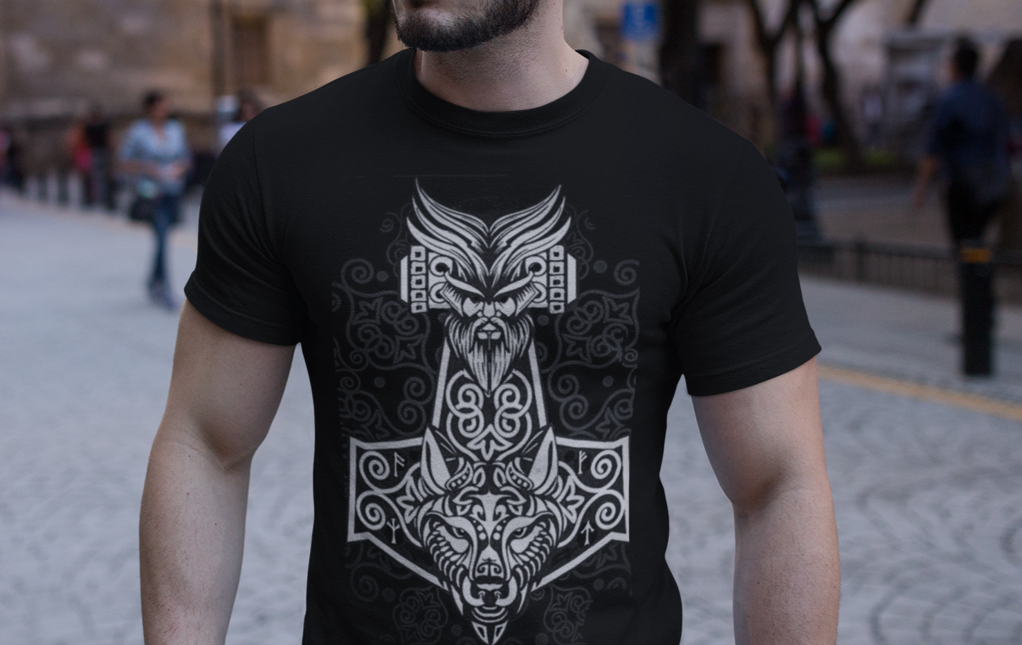 Title: Viking Warrior T-Shirt, Black Men’s Tee, Norse Mythology Shirt, Viking God Design, Wolf Symbol Shirt, Sizes S-5XL,Gift Tee