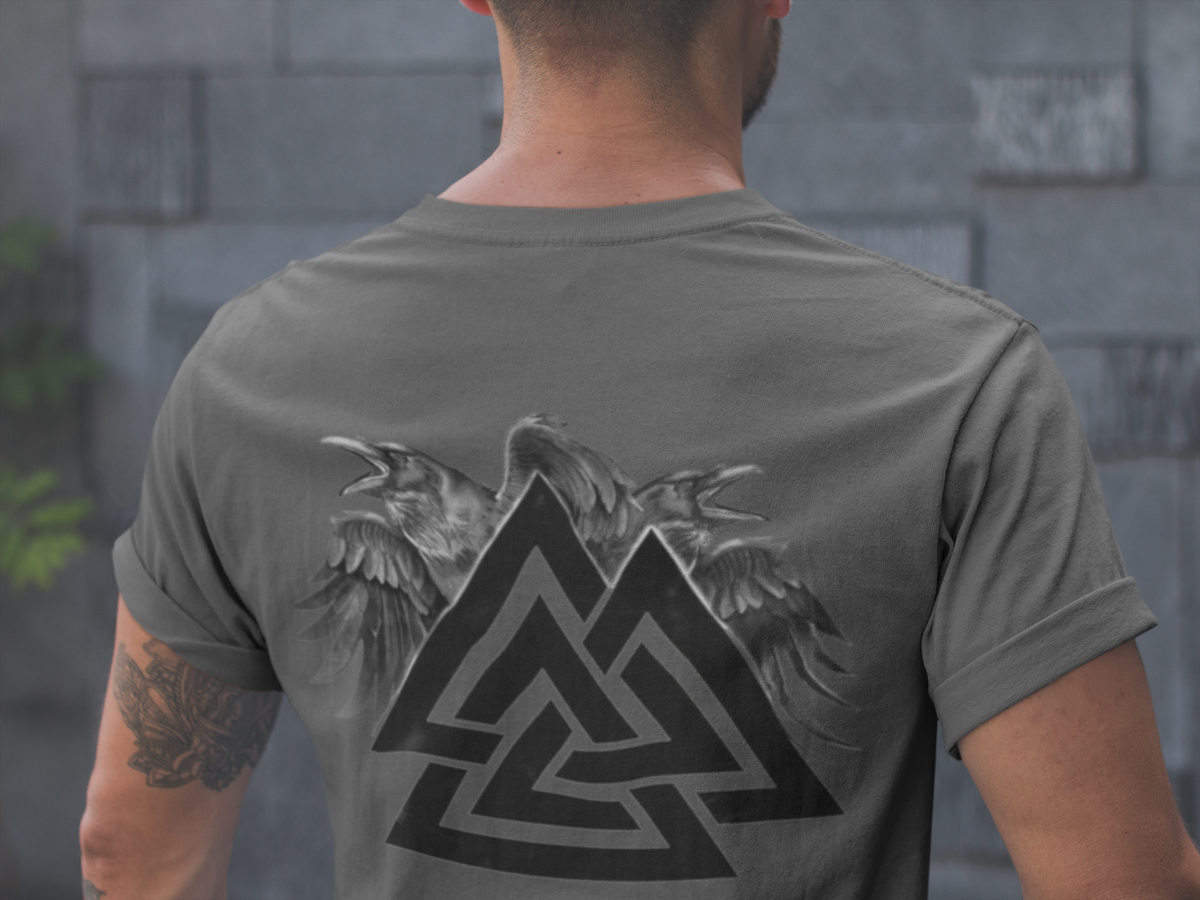 alknut with Wings Viking T-Shirt, White Men’s Tee, Norse Mythology Shirt, Norse Symbol Shirt, Odin’s Ravens Design, Sizes S-5XL,Gift Tee