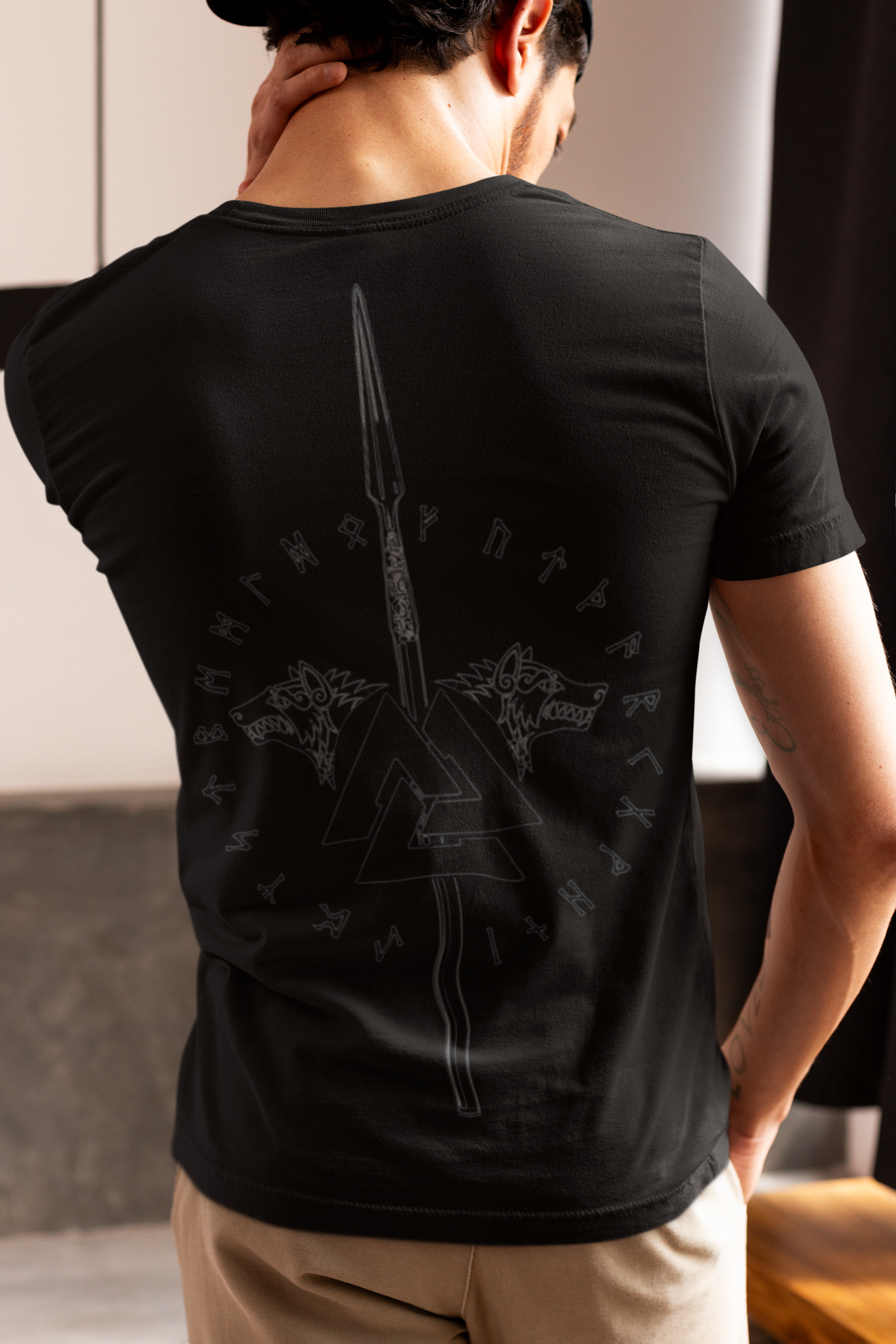 Valknut with Spear Norse Mythology T-Shirt, Black Men's Tee, Viking Wolf Design, Norse Warrior Shirt, Sizes S-5XL,Gift Tee