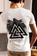alknut with Wings Viking T-Shirt, White Men’s Tee, Norse Mythology Shirt, Norse Symbol Shirt, Odin’s Ravens Design, Sizes S-5XL,Gift Tee