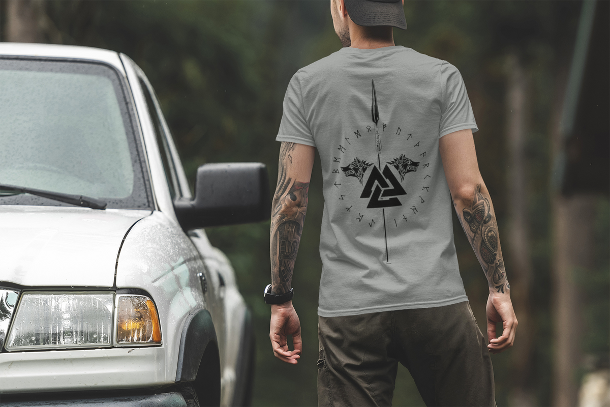 Valknut with Spear Norse Mythology T-Shirt, Black Men's Tee, Viking Wolf Design, Norse Warrior Shirt, Sizes S-5XL,Gift Tee