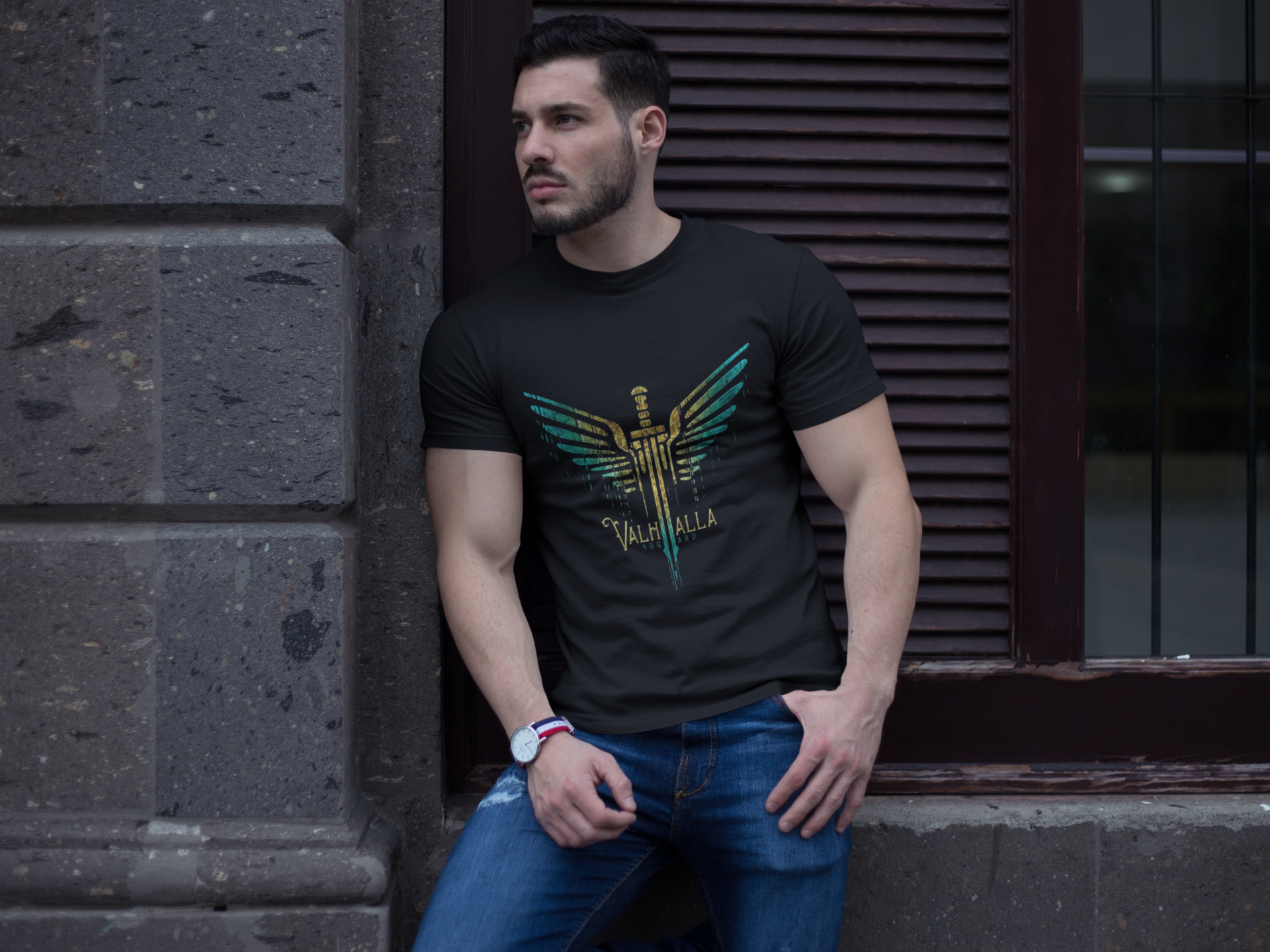 Valhalla Norse Mythology T-Shirt, Black Men’s Tee, Valhalla Design, Viking Sword and Wings, Valkyrie Shirt, Sizes S-5XL, Gift Tee