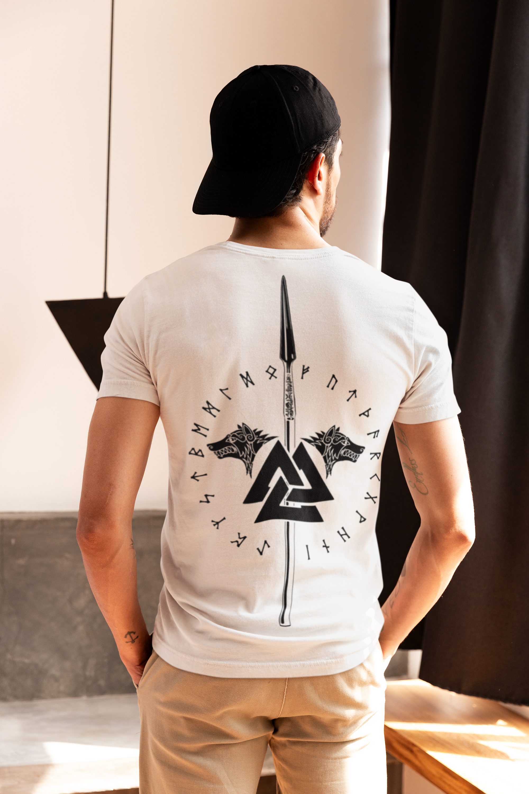 Valknut with Spear Norse Mythology T-Shirt, Black Men's Tee, Viking Wolf Design, Norse Warrior Shirt, Sizes S-5XL,Gift Tee