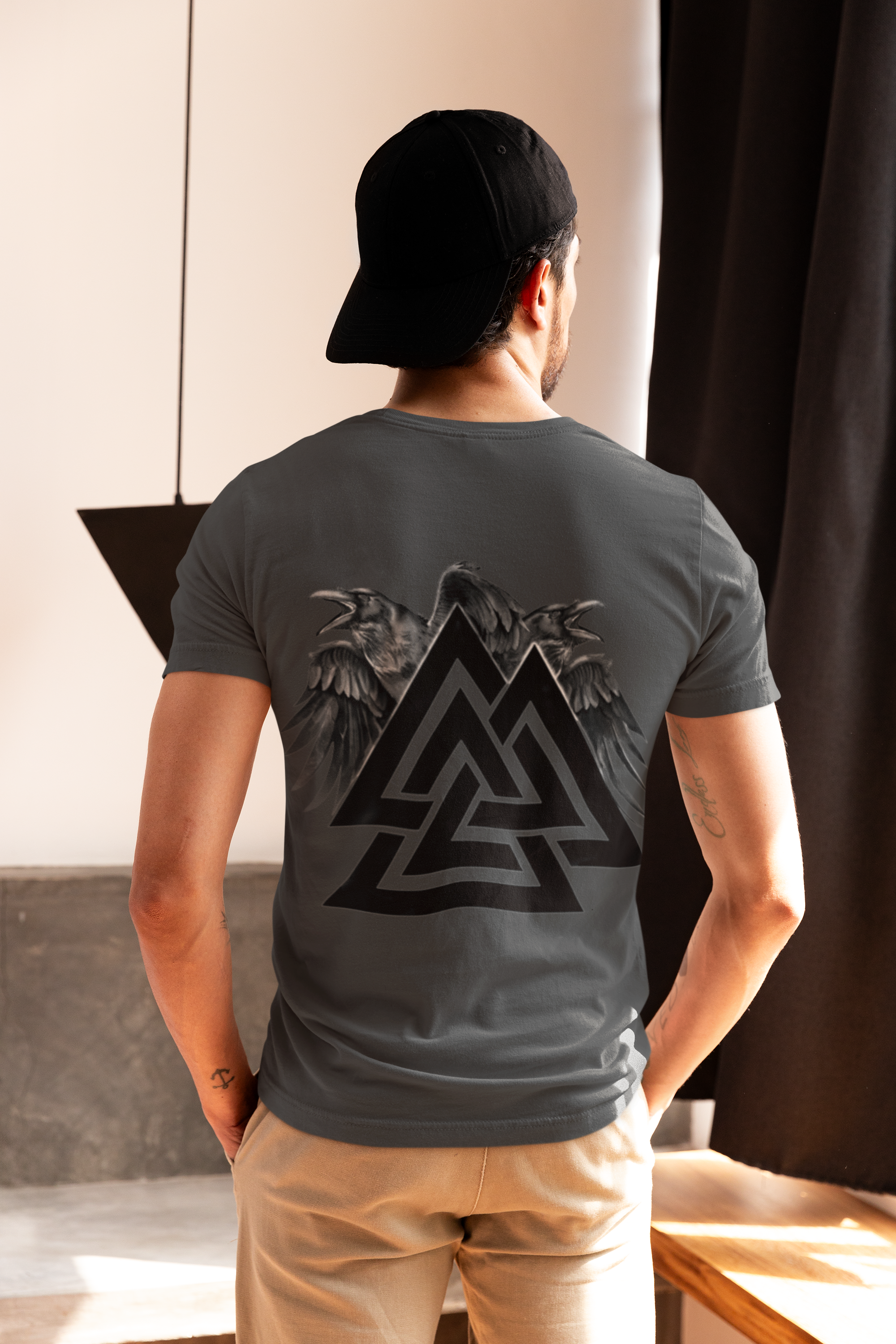 alknut with Wings Viking T-Shirt, White Men’s Tee, Norse Mythology Shirt, Norse Symbol Shirt, Odin’s Ravens Design, Sizes S-5XL,Gift Tee