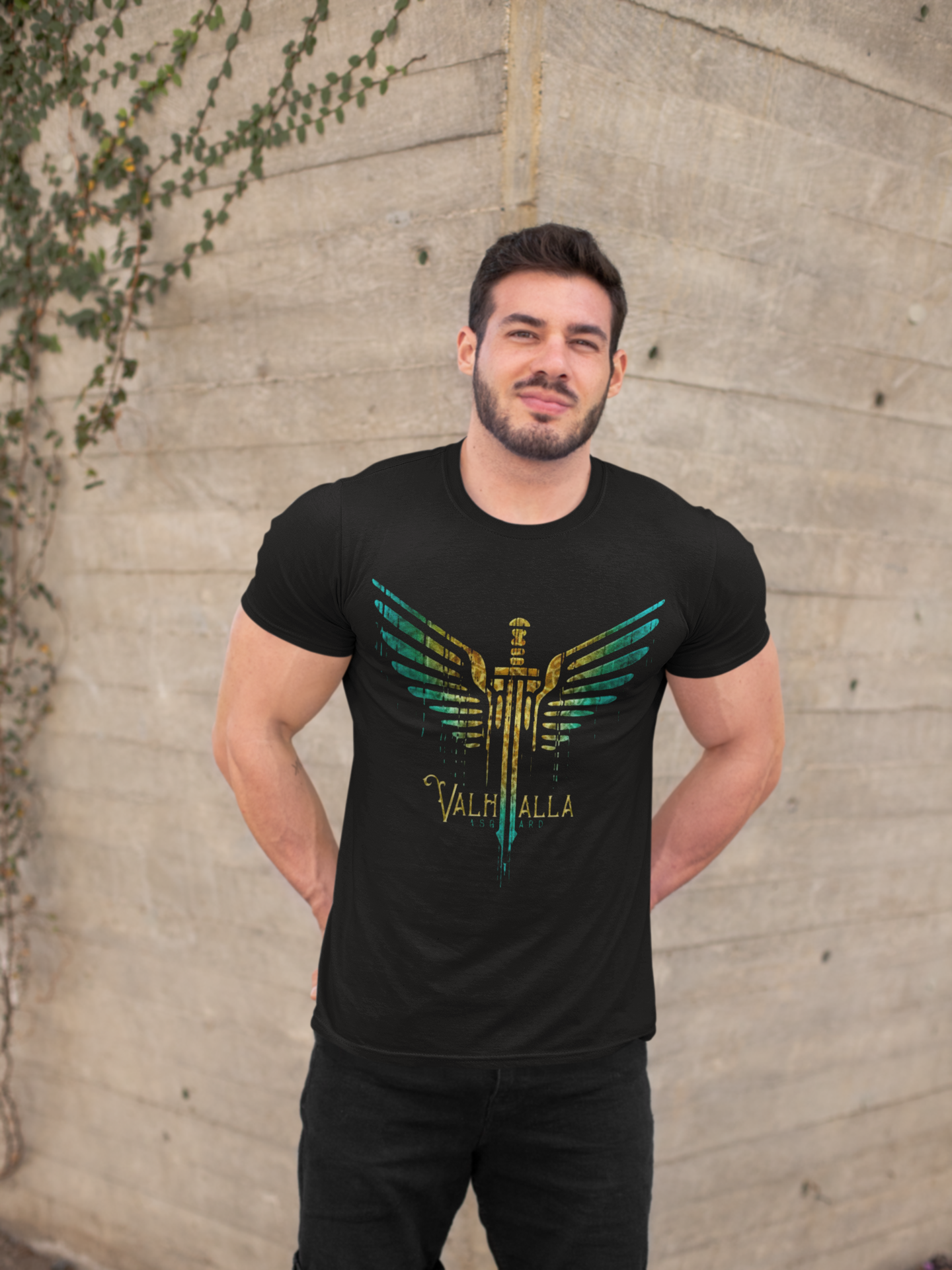 Valhalla Norse Mythology T-Shirt, Black Men’s Tee, Valhalla Design, Viking Sword and Wings, Valkyrie Shirt, Sizes S-5XL, Gift Tee